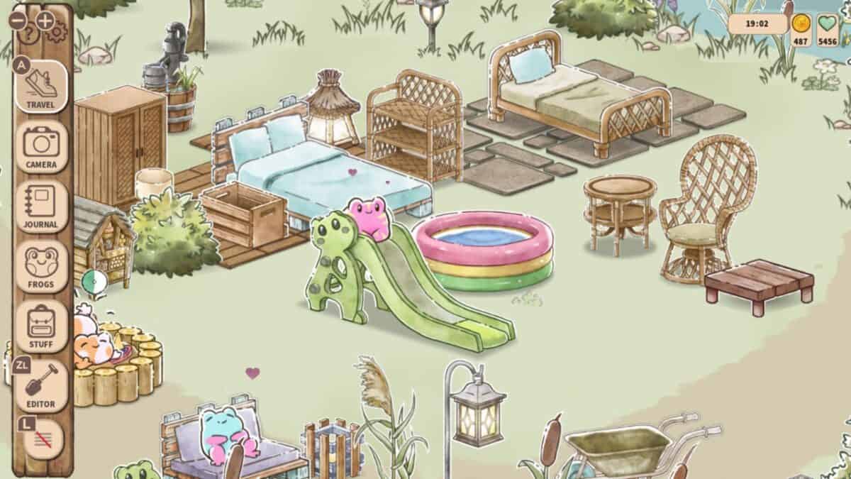 A cozy outdoor scene in a game featuring beds, wicker furniture, a kiddie pool, a frog-shaped slide, and cartoon frogs relaxing in a bath and on the grass. Game icons line the left and top edges.
