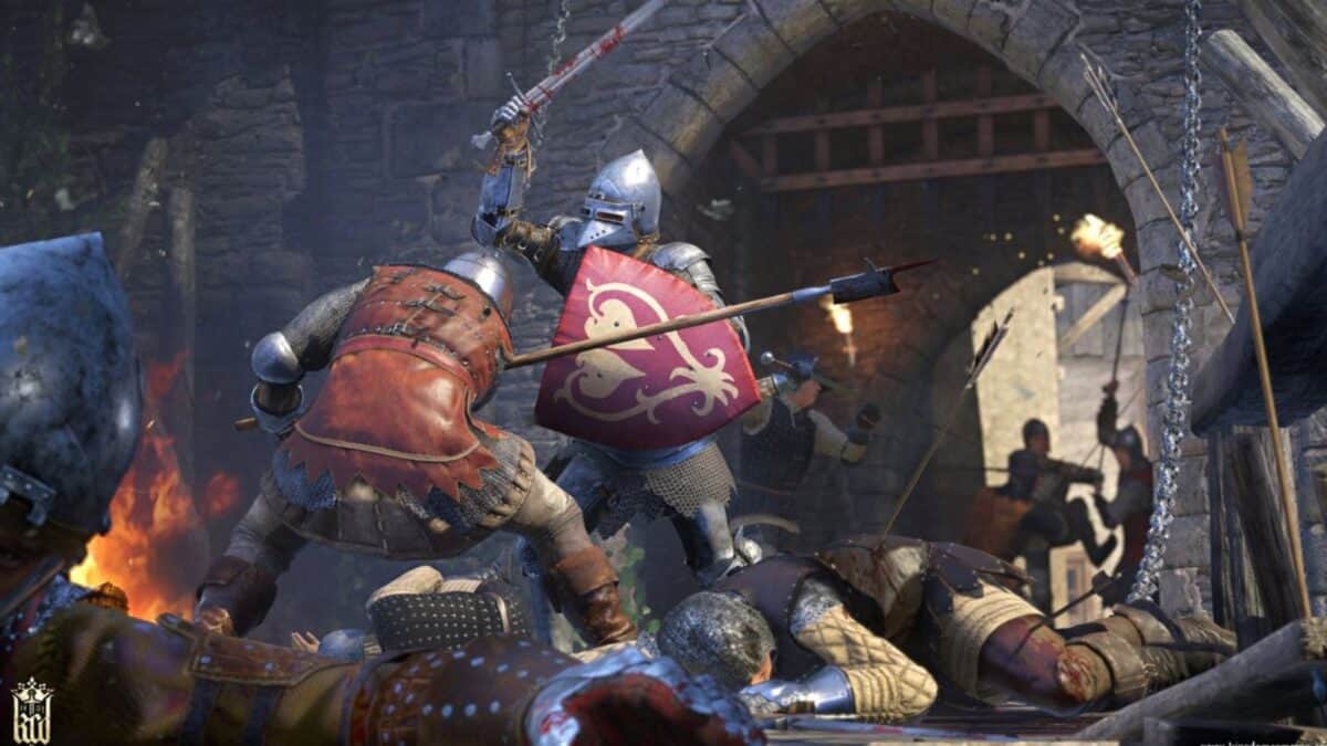 Armored knights engage in battle inside a stone fortress, with one knight raising a bloodied sword above fallen opponents while others fight in the background.