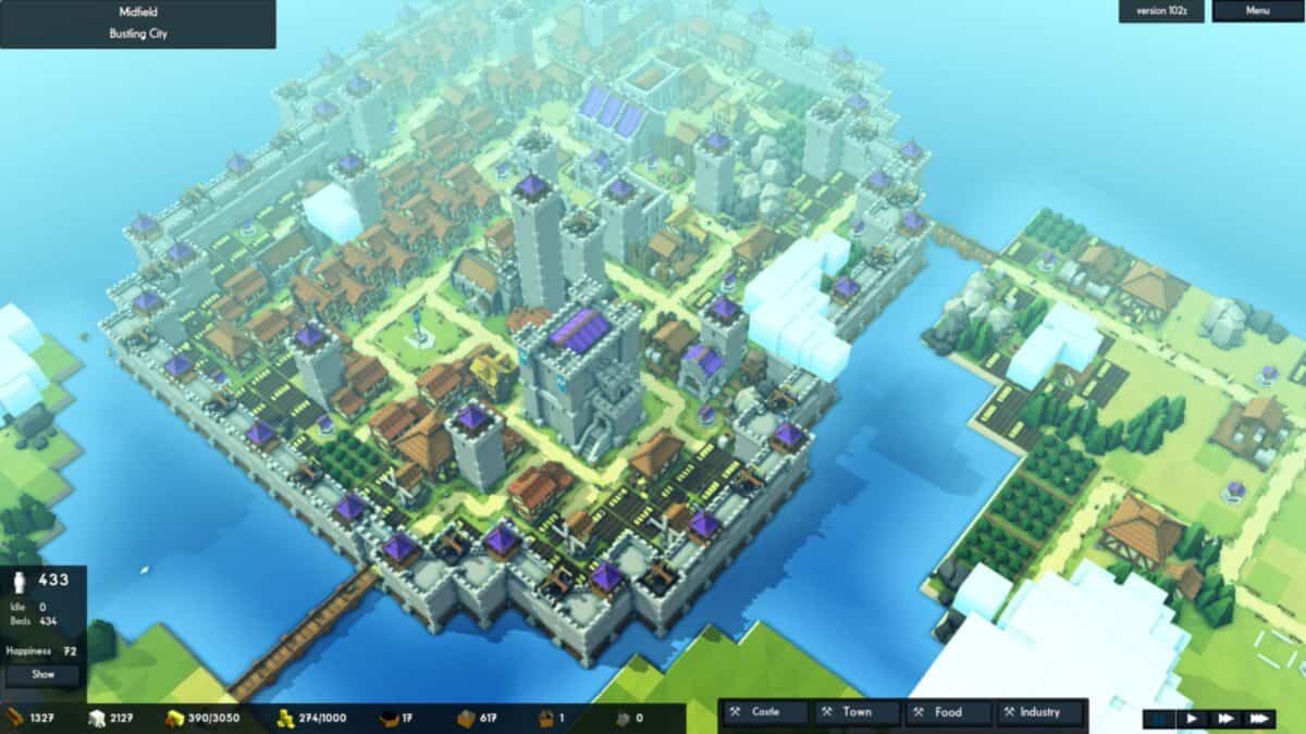 A bird’s-eye view of a walled medieval-style city in a simulation game, showing buildings, roads, and surrounding water with interface elements at the bottom of the screen.