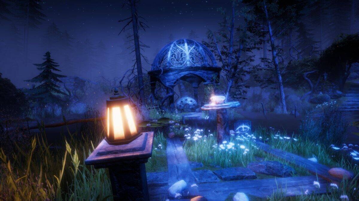 A glowing lantern lights a stone path leading to an ornate, dome-shaped structure in a mystical, moonlit forest with flowers and mushrooms.