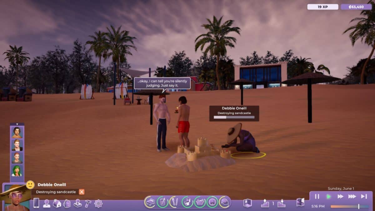Three characters stand on a sandy beach at sunset; one is building a sandcastle while others watch. Game interface and dialogue boxes are visible.