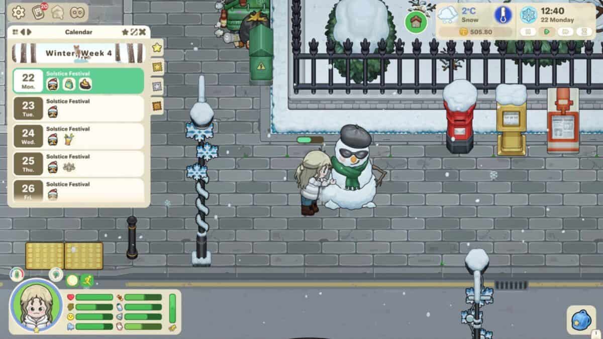 A character stands next to a snowman on a snowy sidewalk in a video game; a calendar and weather info are visible on the screen.