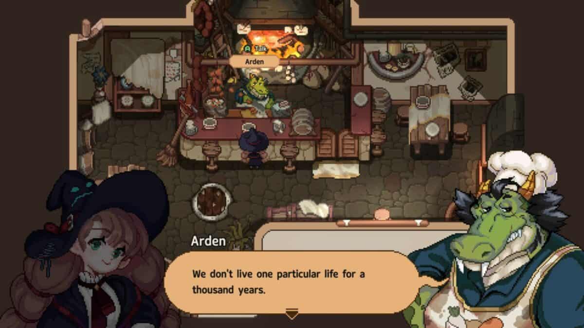 A dialogue scene in a cozy tavern with fantasy characters, featuring the text: "We don't live one particular life for a thousand years.