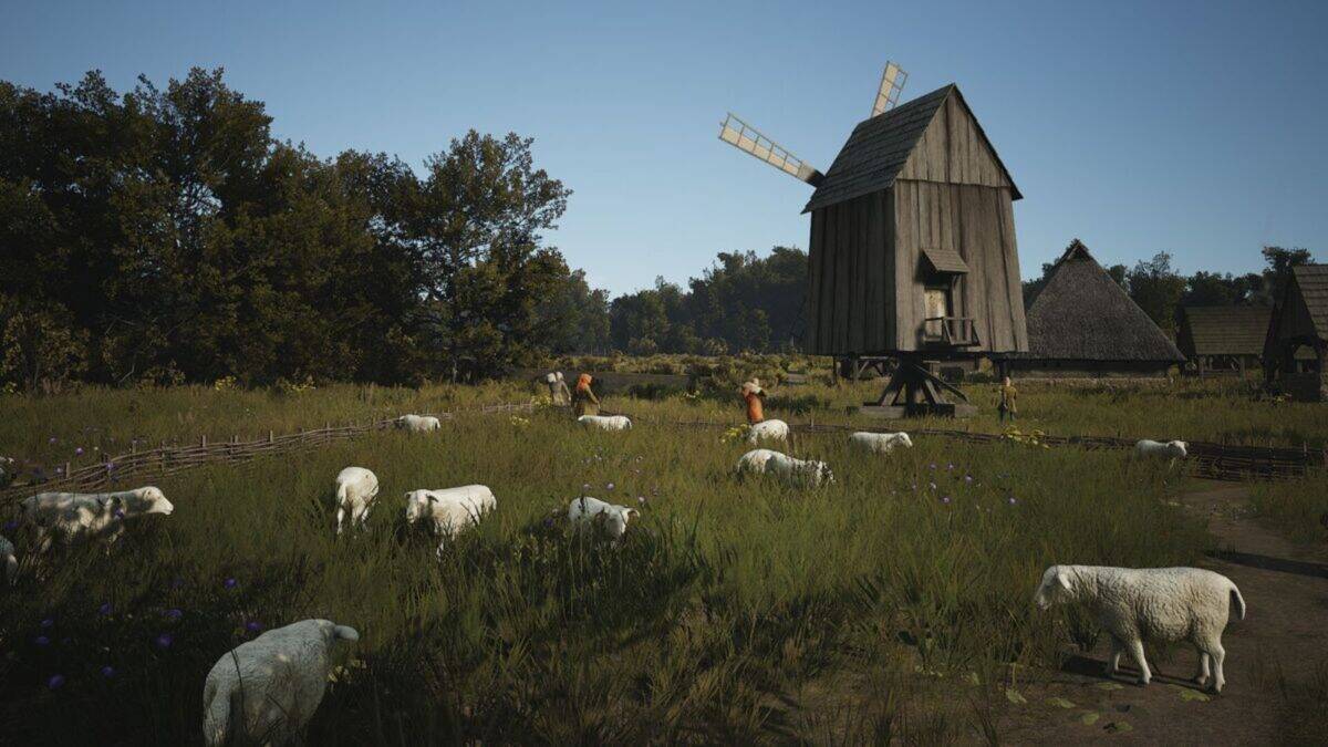A grassy field with sheep grazing, a wooden windmill on stilts, people in medieval clothing, and trees in the background under a clear sky.