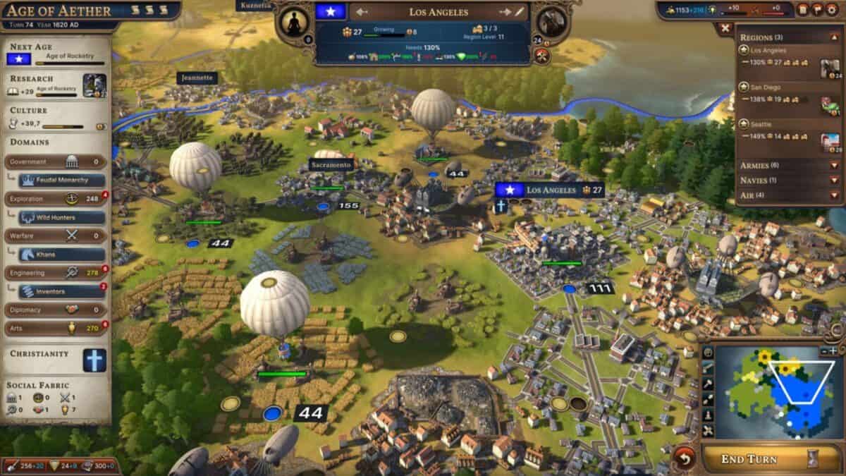 A strategy game interface shows a city named Los Angeles with buildings, airships, and various stats. Menus and controls are visible on the left and bottom of the screen.