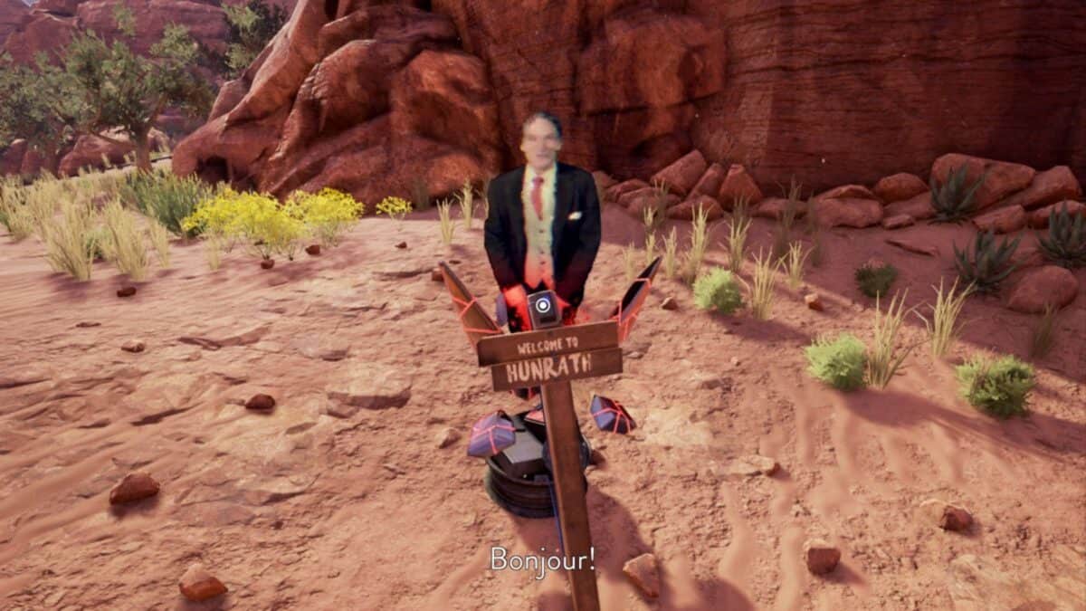 A man in a suit stands behind a "Welcome to Hunrath" sign in a desert landscape. The word "Bonjour!" appears at the bottom of the image.