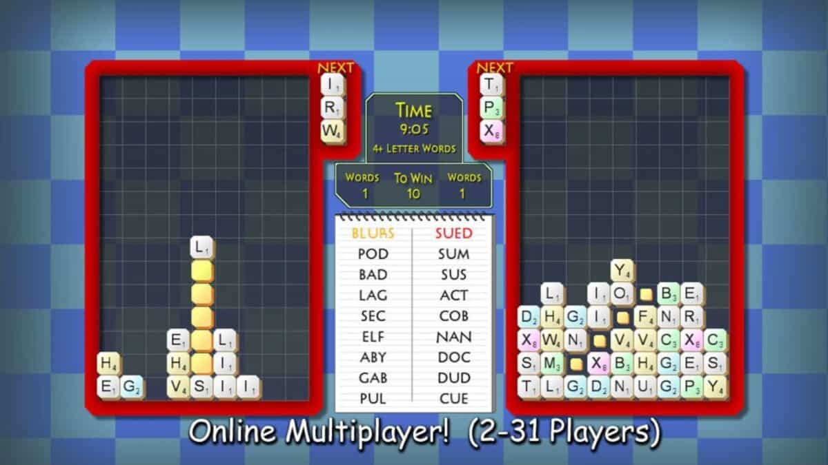 Screenshot of an online multiplayer word game interface showing two game boards, letter tiles, a timer, and lists of four-letter words. Text at bottom reads: "Online Multiplayer! (2-31 Players)".