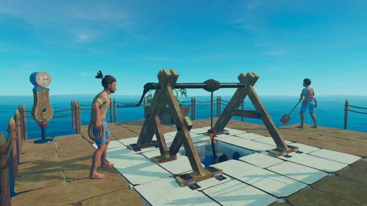 Two characters stand on a wooden raft in an ocean, operating a pulley system with a well in the center under a clear blue sky.