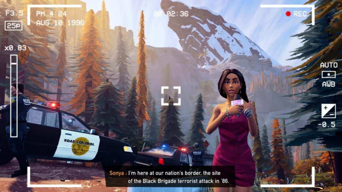 A woman in a pink dress reports on camera near police cars and mountains, holding a microphone, with a caption referencing the Black Brigade attack in 1986.