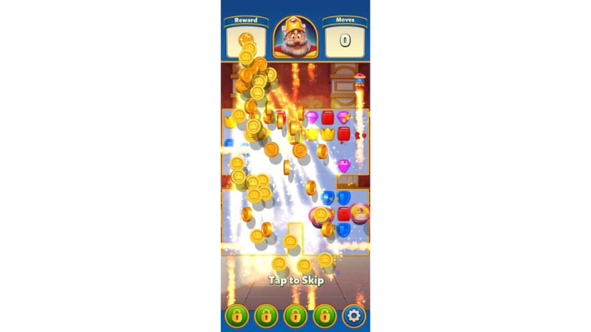 A mobile puzzle game screen shows coins raining down after a successful move, with the option to "Tap to Skip" at the bottom.