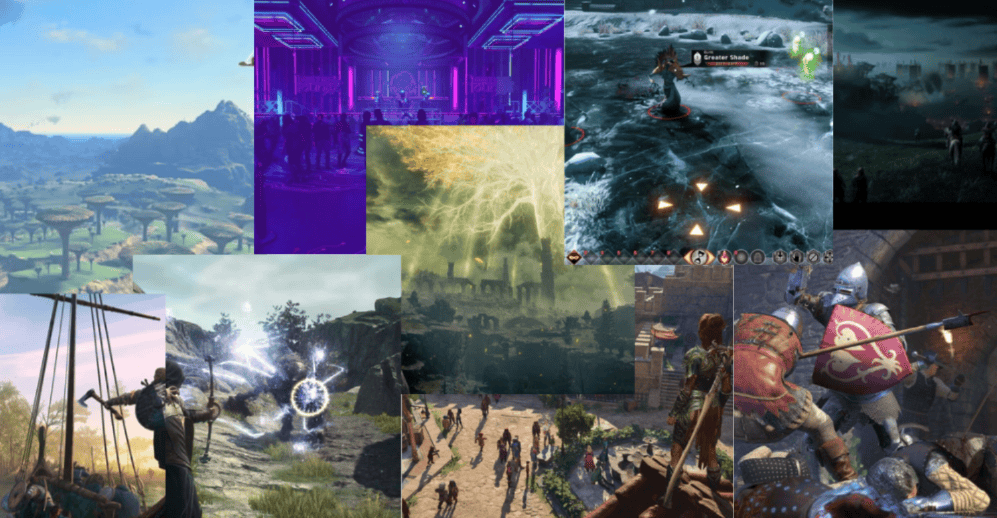 A collage of various video game scenes, including fantasy landscapes, battles, magic, and different characters in action.