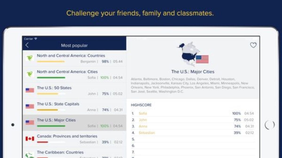 A tablet screen displays a geography quiz app showing categories, user scores, and a highscore list for "The U.S.: Major Cities" quiz.