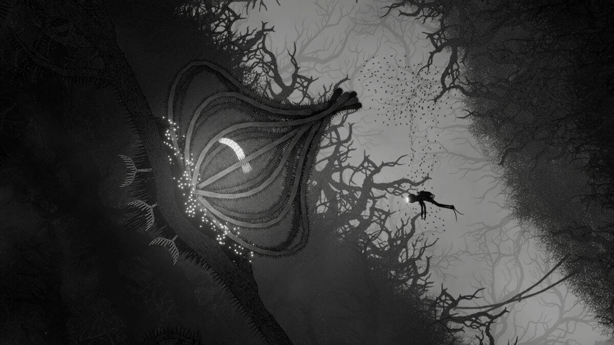 A diver swims near a large, glowing, abstract structure attached to a tree-like formation in a dark, underwater environment filled with jagged branches and murky light.