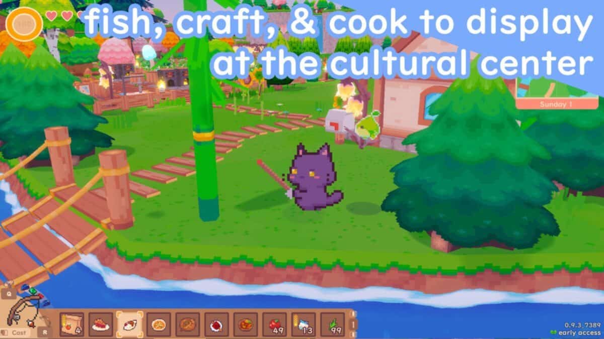 A purple cat character holding a fishing rod stands by a river in a colorful, cartoon-style village with the text, "fish, craft, & cook to display at the cultural center.