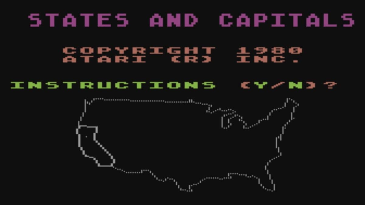 A retro video game screen shows "STATES AND CAPITALS," Atari copyright info, and an outline map of the U.S. with an "INSTRUCTIONS (Y/N)?" prompt.