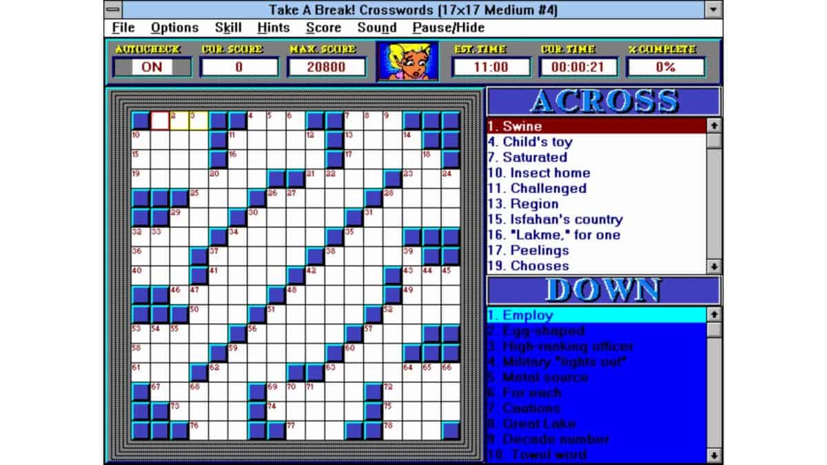 Screenshot of a classic Windows crossword puzzle game interface, showing a partially completed crossword grid and clue lists for Across and Down.
