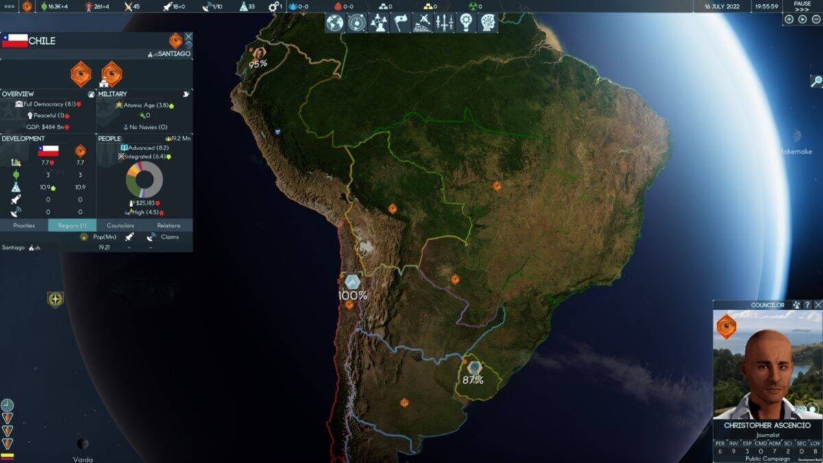 A strategy game interface displays South America with focus on Chile, showing statistics, military data, and control percentages on a map. A character portrait is visible in the lower right corner.
