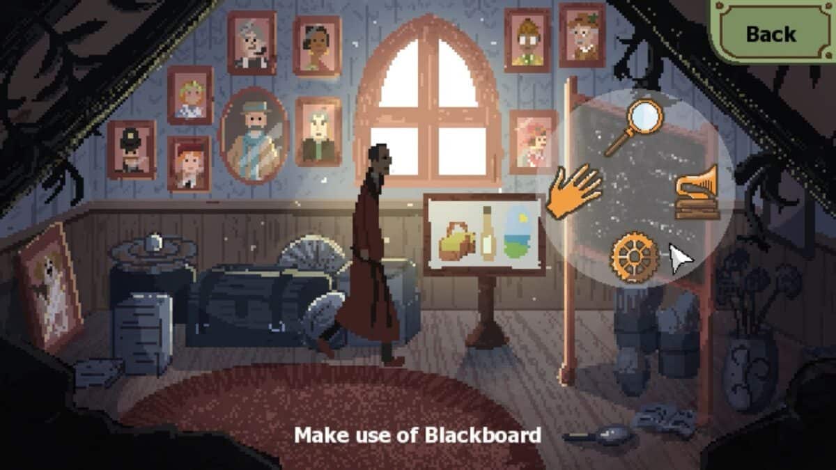 A pixel art character stands in a cozy room with portraits on the wall and a window; game interface displays options to interact with a blackboard.
