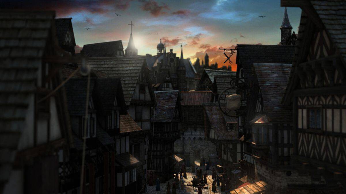 A medieval town at sunset with narrow cobblestone streets, timber-framed houses, and people walking under a dramatic sky with birds flying.