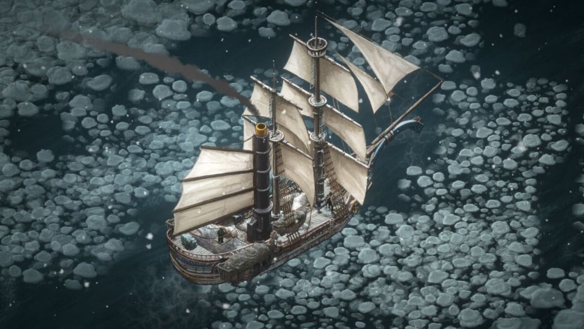 A large sailing ship with cream-colored sails travels through icy waters scattered with floating ice chunks.