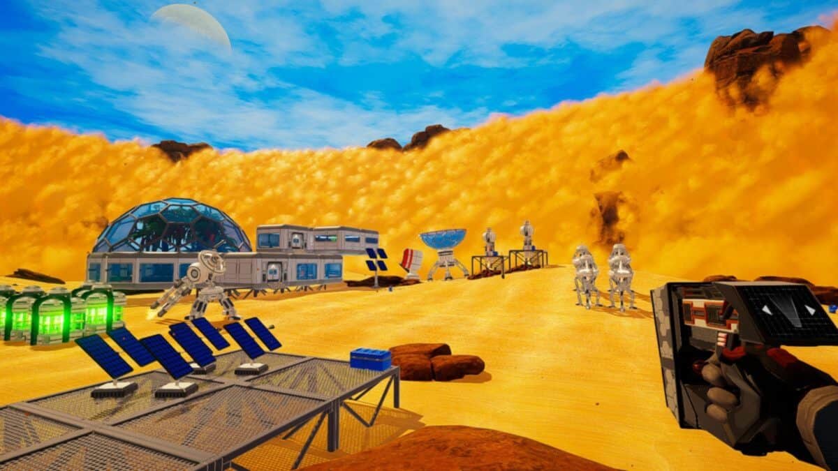 A futuristic Mars colony with domes, solar panels, robots, astronauts, and equipment stands on a sandy surface under a blue sky.