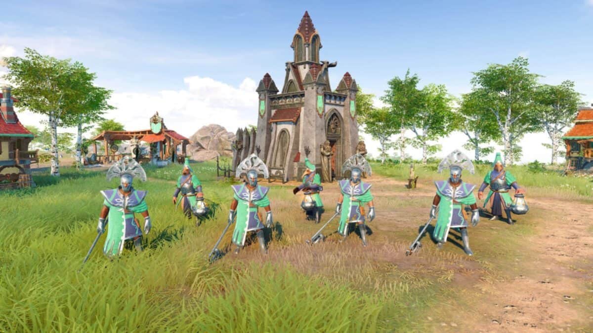 A group of armored soldiers stands in formation on grassy terrain with medieval-style buildings and trees in the background.