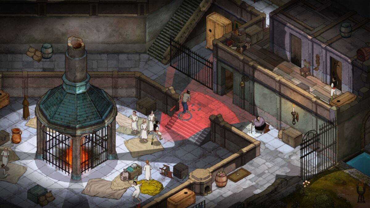 An isometric view of a game scene shows characters in a prison yard with guards, prisoners, beds, crates, and a large furnace; a red cone indicates a guard’s field of vision.