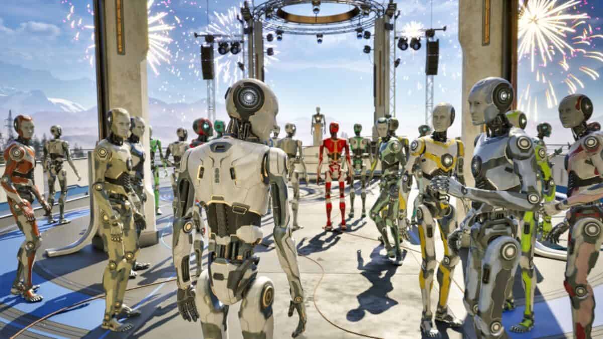 A group of humanoid robots stands together in a modern, open structure with fireworks in the sky and mountains in the background.