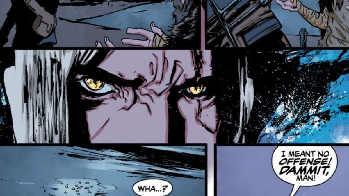 Close-up of a character with intense yellow eyes, another character expressing concern, and dialogue saying, "I meant no offense! Dammit, man!.