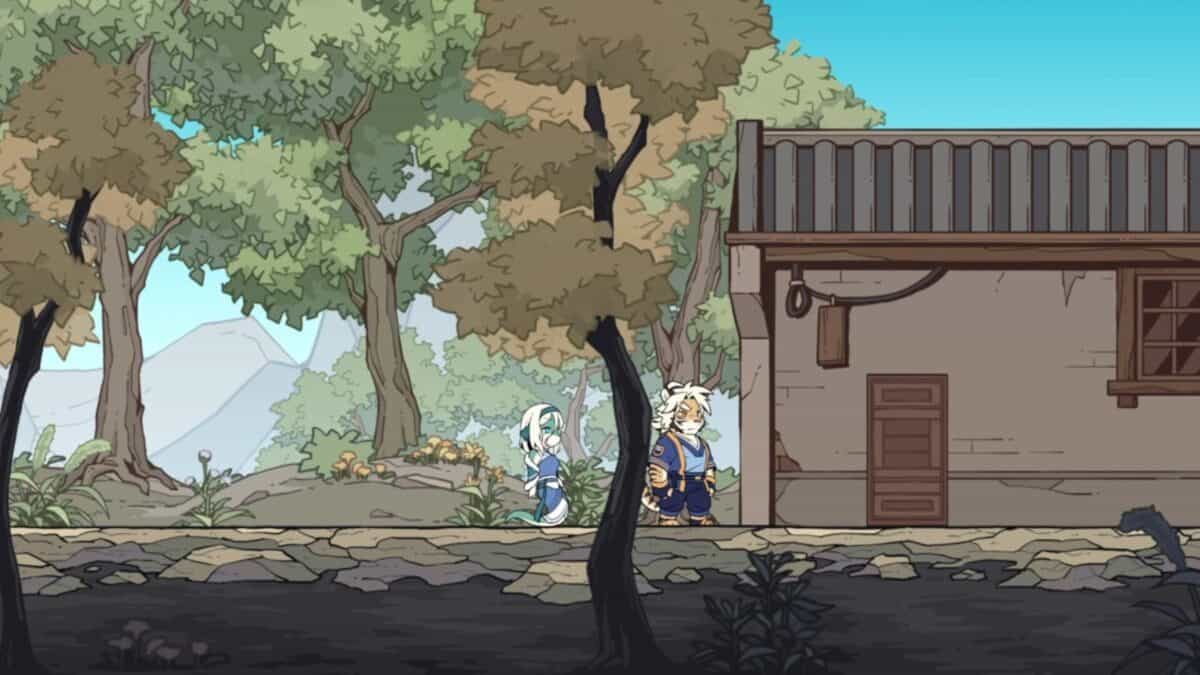 Two animated characters, one in blue and white and the other in blue and tan, stand on a stone path next to a building, with trees and greenery in the background.