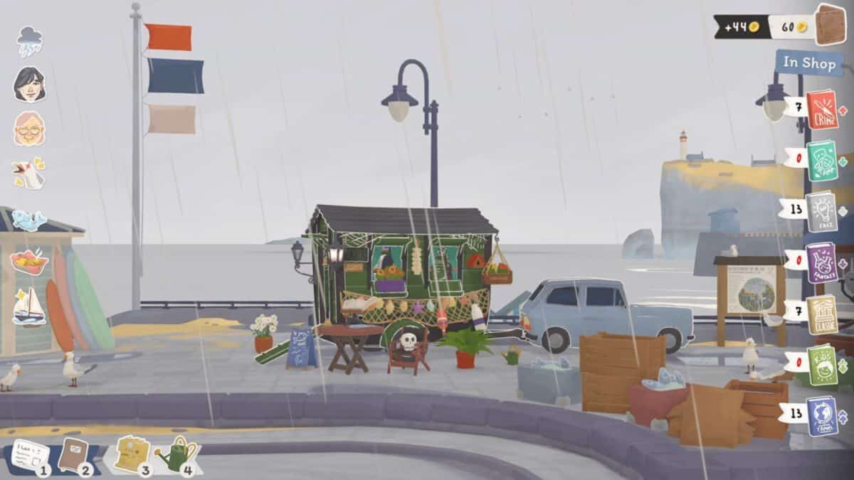 A cozy market stall is set up by the seaside on a rainy day, with goods displayed under a canopy, seagulls nearby, and a blue truck parked behind. Game interface icons are visible.