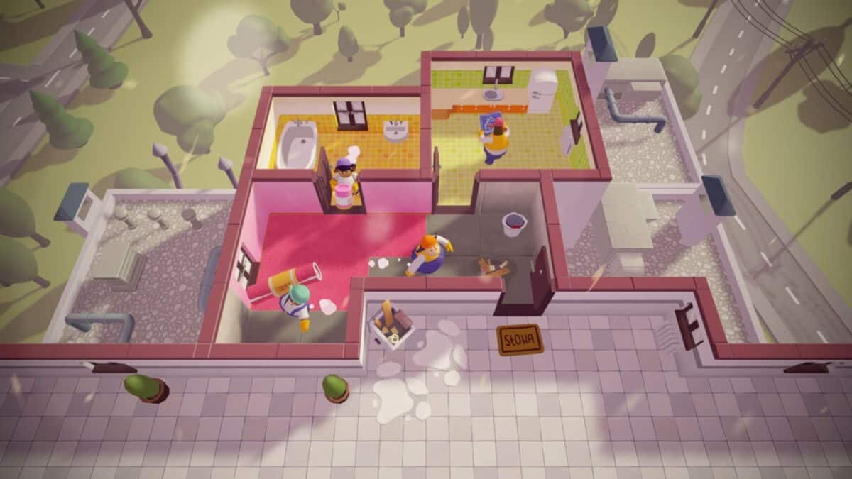 Top-down view of four cartoon characters moving furniture and cleaning inside a small house, with rooms in pink, yellow, and white tones.