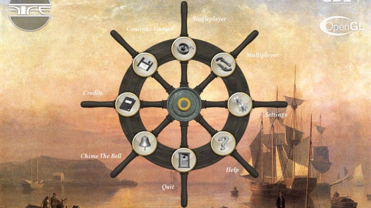 A ship’s wheel menu with eight buttons labeled: Continue Game, Singleplayer, Multiplayer, Settings, Help, Quit, Chime The Bell, and Credits, overlaid on a maritime painting.