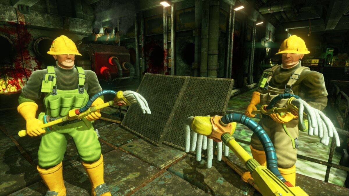 Two figures in protective gear and helmets hold mop-like cleaning tools in a dim, industrial setting with blood stains and metal walls.
