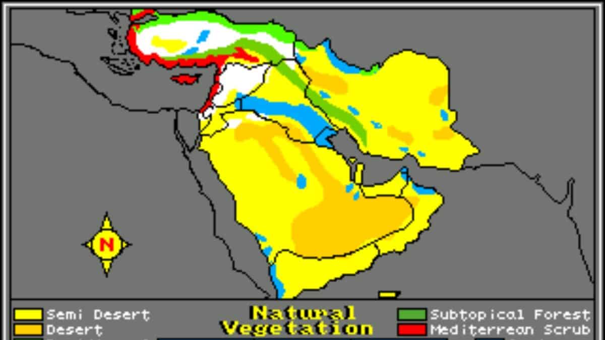 Map of the Middle East showing natural vegetation zones: yellow for desert, tan for semi-desert, green for subtropical forest, and red for Mediterranean scrub.