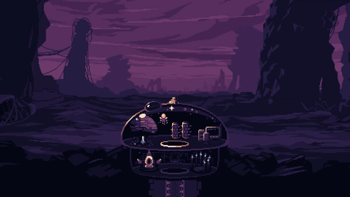 Pixel art of a futuristic dome-shaped underground base with lights and rooms, set in a dark, rocky alien landscape with large structures in the background.
