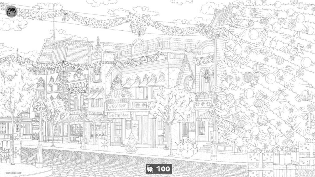 Black and white line drawing of a festive town street with decorated buildings, garlands, ornaments, and a snowman; large decorated tree and presents in the foreground.
