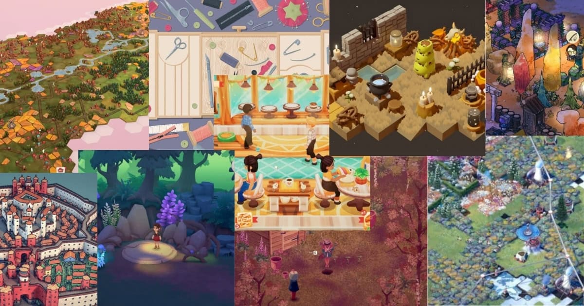A collage of various colorful video game scenes, including fantasy landscapes, workshops, city maps, and characters interacting in different environments.
