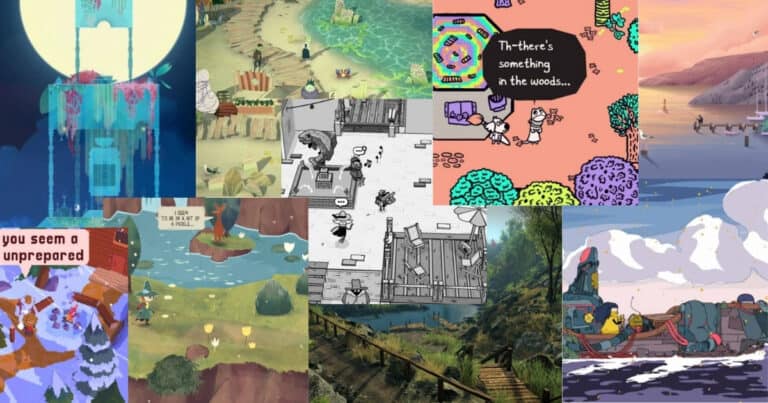 A collage of various illustrated video game scenes, featuring landscapes, water, cartoon characters, and dialogue text boxes in different art styles.