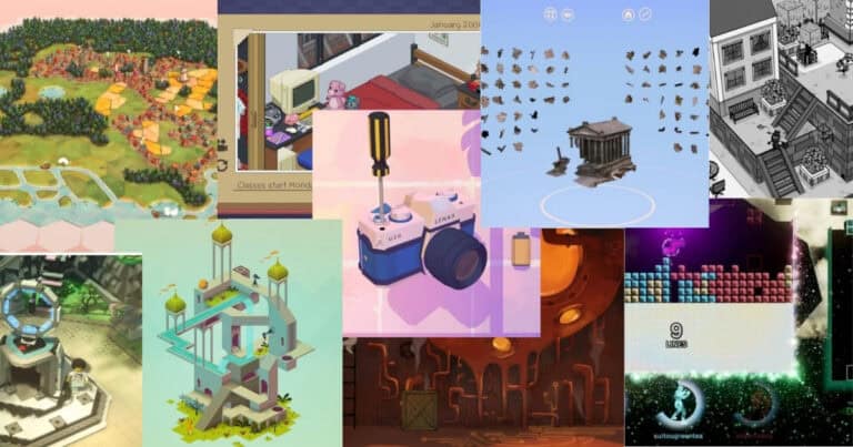 A collage of various video game screenshots and digital artwork, featuring landscapes, rooms, objects, and pixel art in different styles and color schemes.