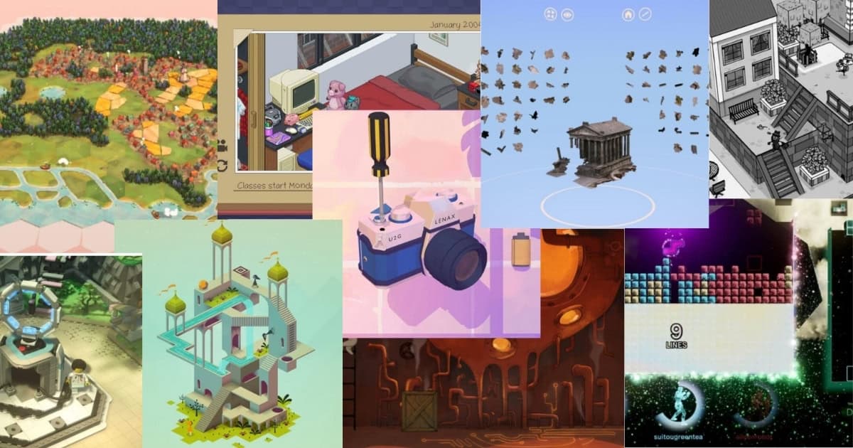 A collage of various video game screenshots and digital artwork, featuring landscapes, rooms, objects, and pixel art in different styles and color schemes.