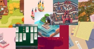 A collage of various video game screenshots, including pixel art landscapes, colorful buildings, a Mahjong game, a notebook, and architectural illustrations.