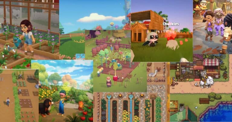 Collage of various farming video games showing cartoon characters planting, watering, and harvesting crops in vibrant, colorful environments.