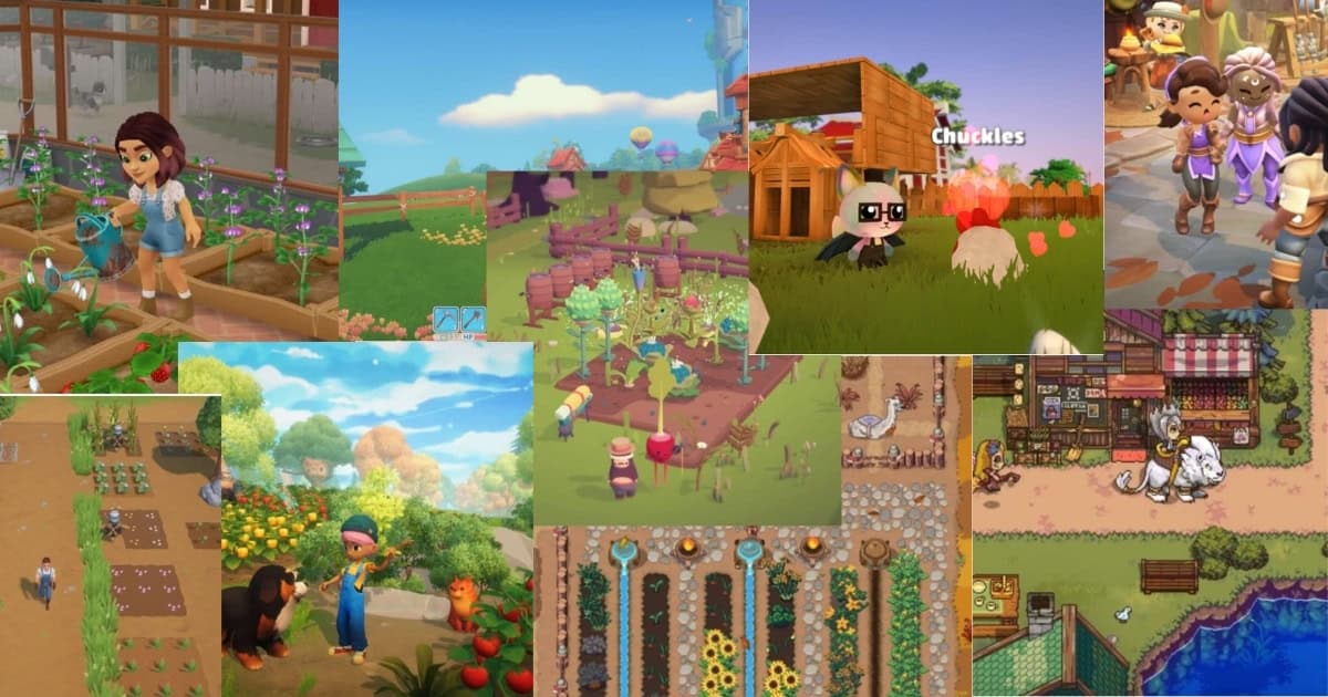 Collage of various farming video games showing cartoon characters planting, watering, and harvesting crops in vibrant, colorful environments.