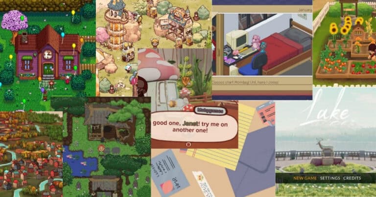 A collage of cozy video games featuring pixel art houses, farms, a mushroom-shaped house, a desk, a letter, and a lakeside dock with a deer statue.