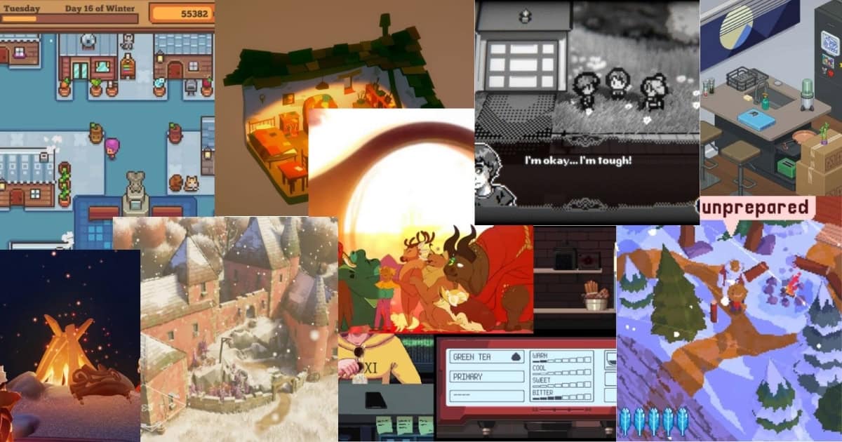 A collage of various pixel art game scenes, including shop interiors, snowy towns, campfires, fantasy characters, dialogue boxes, and a restaurant setting.