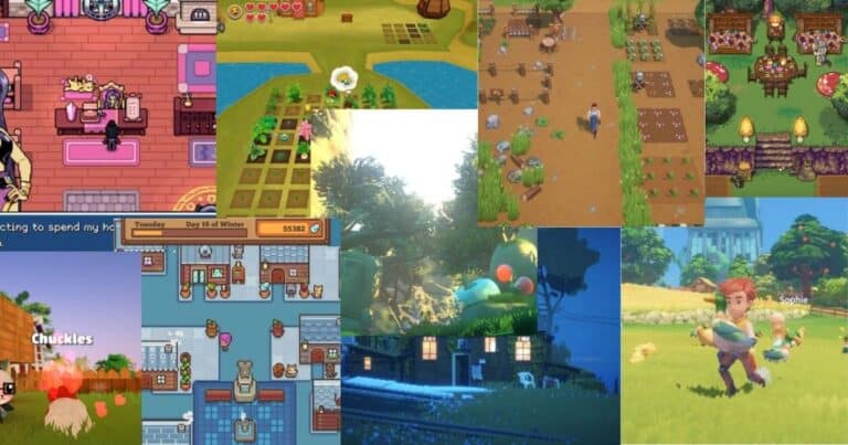 A collage of various farming and life simulation video game scenes, featuring characters, crops, animals, and cozy indoor and outdoor environments.