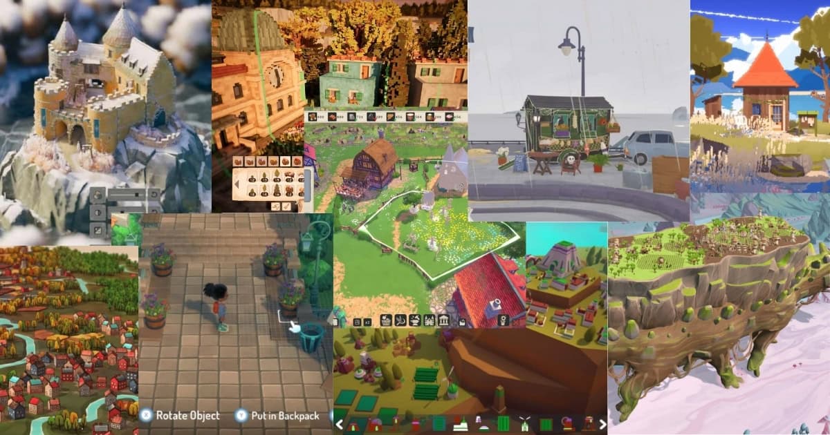 A collage of various cozy-themed video game scenes featuring houses, villages, markets, islands, and characters in colorful, stylized art styles.