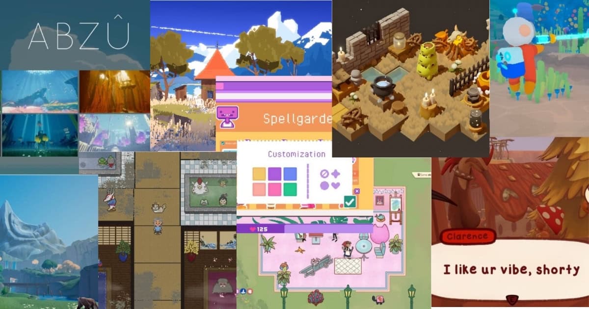 A collage of screenshots from various colorful indie video games displaying different environments, characters, and user interfaces.