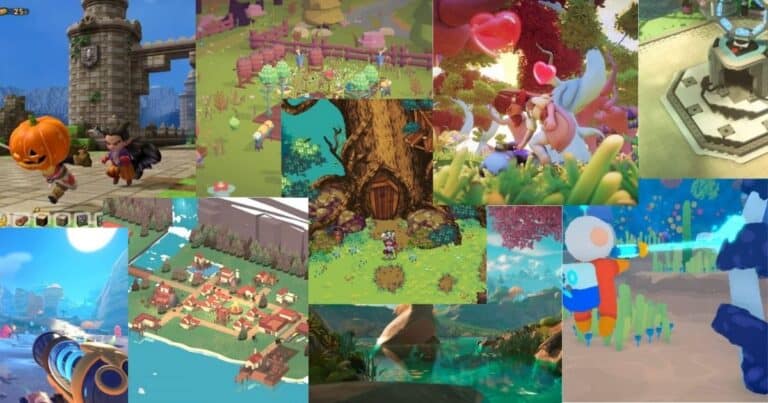 A collage of colorful, cartoon-style video game scenes featuring characters, animals, plants, buildings, water, and whimsical environments.